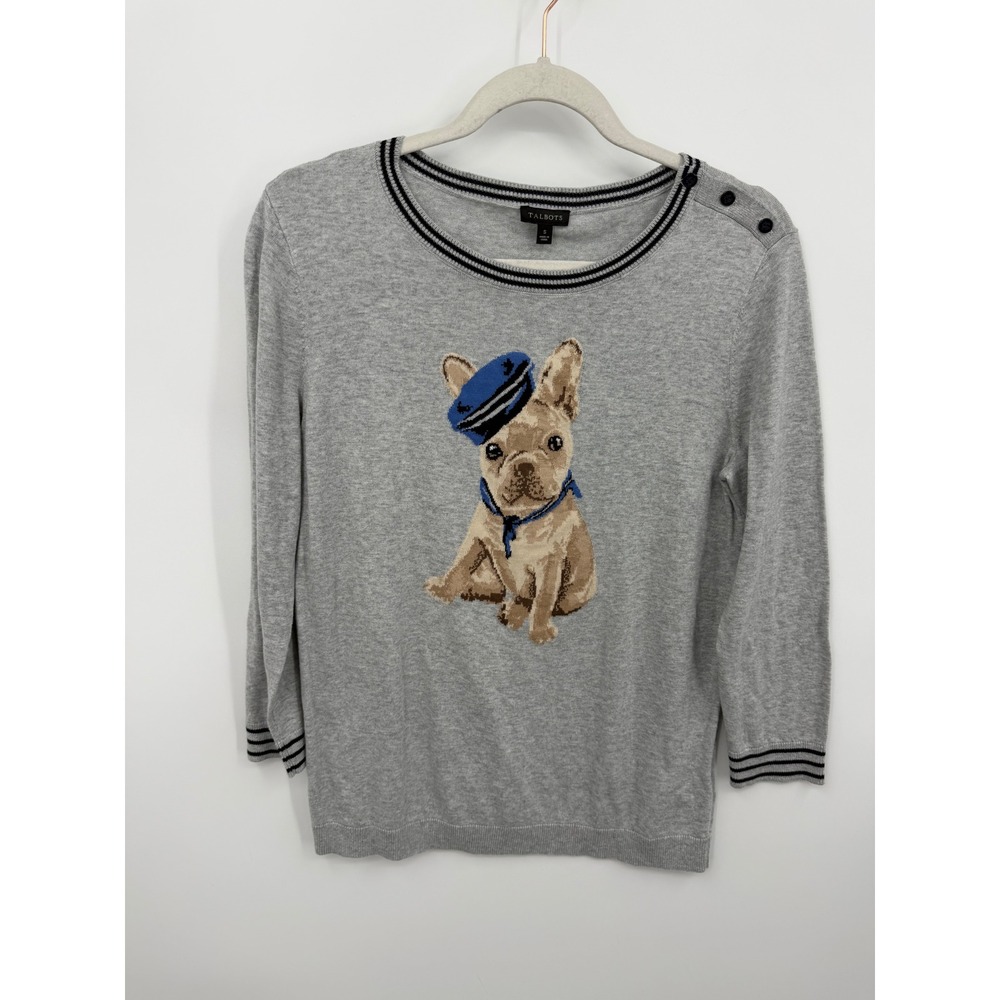 Talbots French Bulldog‎ Sailor Sweater Womens Small Gray Nautical Intarsia Knit